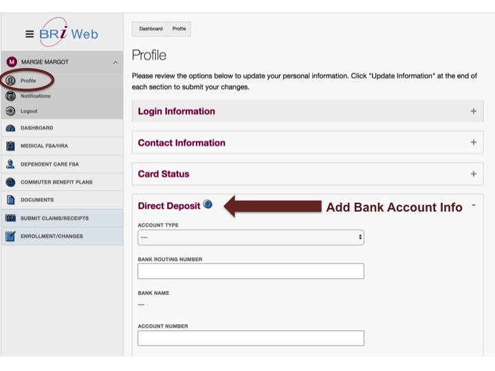 Add direct deposit bank account for reimbursements through BRiWeb